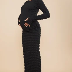 Maternité Robe De Grossesse Mi-longue Noire Texturée Effet Bulle