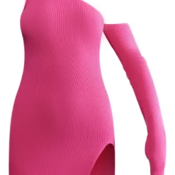 Mini Robe En Maille Tricot Côtelée Rose Vif Asymétrique à Fente -Jolie Vêtue Soldes Magasin 72297acdc32262d53c9a44bad715ee0fd3305d65 cnb6422 5