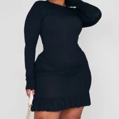 Plus Robe Moulante Côtelée Noire à Ourlet Volanté -Jolie Vêtue Soldes Magasin 7248c354debb5e1b2693c55fda46702a2f1a9199 cnc5171 3