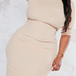 Plus Robe Mi-longue Côtelée Café Au Lait Rosé à Col Montant Et Demi-manches -Jolie Vêtue Soldes Magasin 7254c844a47189df68c30874325515bf3596b5e6 cnc2224 4