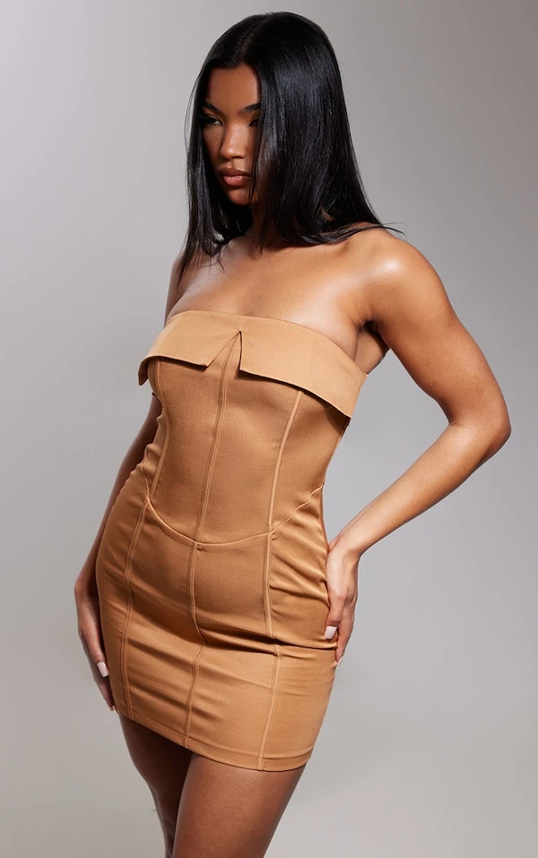 Robe Moulante Bustier Tissée Camel à Détail Corset Replié 3 Robe Moulante Bustier Tissée Camel à Détail Corset Replié