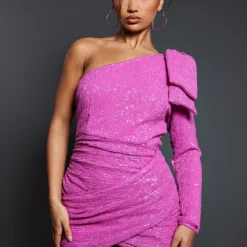 Robe Moulante Asymétrique Rose Vif à Sequins Et Détail Noeud