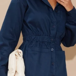 Robe Chemise En Maille Sergée Bleu Marine à Poches Frontales Et Taille élastique -Jolie Vêtue Soldes Magasin 72da3ca402bb84e847cee0630f89736a3e90ddfc cna3023 5