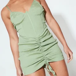 Robe Moulante Texturée Froncée Vert Sauge à Armatures Et Liserés -Jolie Vêtue Soldes Magasin 73978732c1494e0dcda296fd55574dd39531e96a cnd7682 4