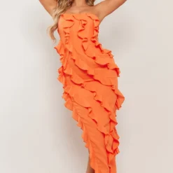 Robe-bustier Asymétrique Longue Orange à Volants