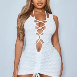 Shape Robe Moulante Texturée Froncée Blanche à Lacets -Jolie Vêtue Soldes Magasin 73d2928279b68a03249d29c01a43a6a86845709c cmy8214 4