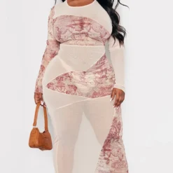 Plus Robe Mi-longue En Mesh Marron Imprimé Statue Contrastant -Jolie Vêtue Soldes Magasin 73e1a65eb5c61f245897befdba069cb3b4f9023d cne0540 3