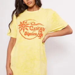 Robe T-shirt Moutarde Effet Javélisé à Slogan Imprimé Cancun -Jolie Vêtue Soldes Magasin 74bc5c28401216eab3941e5d0f504ff1d912db0d cne8945 3