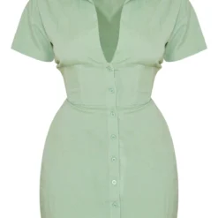 Robe Chemise Effet Lin Vert Sauge à Manches Courtes Et Taille Ceintrée -Jolie Vêtue Soldes Magasin 74ce3ab4b69e7645395b111439e38bdad2c95971 cne2853 5