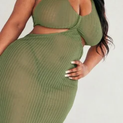 Plus Robe Longue Dos Nu En Maille Kaki Transparente Effet Croisé -Jolie Vêtue Soldes Magasin 753ac96b9b6b090826912c80d792a7506648eccf cnc7957 4