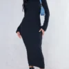 Robe Longue Texturée Noire à Manches évasées Et Dos Noué