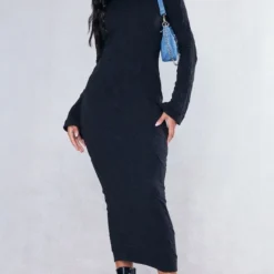Robe Longue Texturée Noire à Manches évasées Et Dos Noué