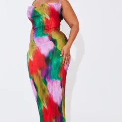 Plus Robe Longue Plissée Imprimé Multicolore à Col Bénitier -Jolie Vêtue Soldes Magasin 76924c37a151093ad9aabe8a699555086df3b629 cna7530 3