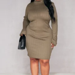 Plus Robe Moulante Côtelée Kaki à Col Montant -Jolie Vêtue Soldes Magasin 77058d90176aa73798e61b568065e72fc5a397a5 cnd4821 3