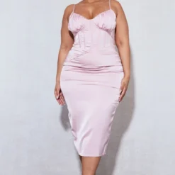 Plus Robe Mi-longue Satinée Rose Cendré à Buste Froncé -Jolie Vêtue Soldes Magasin 77121a17ce02e0a3babcb5a5c936f916cc21e860 cnd4873 1