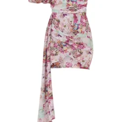 Robe Moulante Asymétrique Rose Fleurie Abstraite Drapée à Manche Bouffante -Jolie Vêtue Soldes Magasin 77125221cad08f92474ff92d77b907d9ff9aec27 cnd4314 5