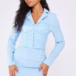Robe Blazer En Effet Lin Bleu Clair à Corset Satiné Et Manches Longues
