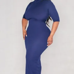 Plus Robe Mi-longue Côtelée Bleu Marine à Col Montant Et Demi-manches -Jolie Vêtue Soldes Magasin 78019e45d438eea7c01385b6dc6e840406ce7da4 cnd3029 3