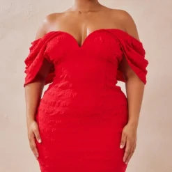 Plus Robe Moulante Texturée Rouge à Décolleté En V -Jolie Vêtue Soldes Magasin 780f4592d17c09a07a7279efc23083f8beb8f0cc cmy1934 4