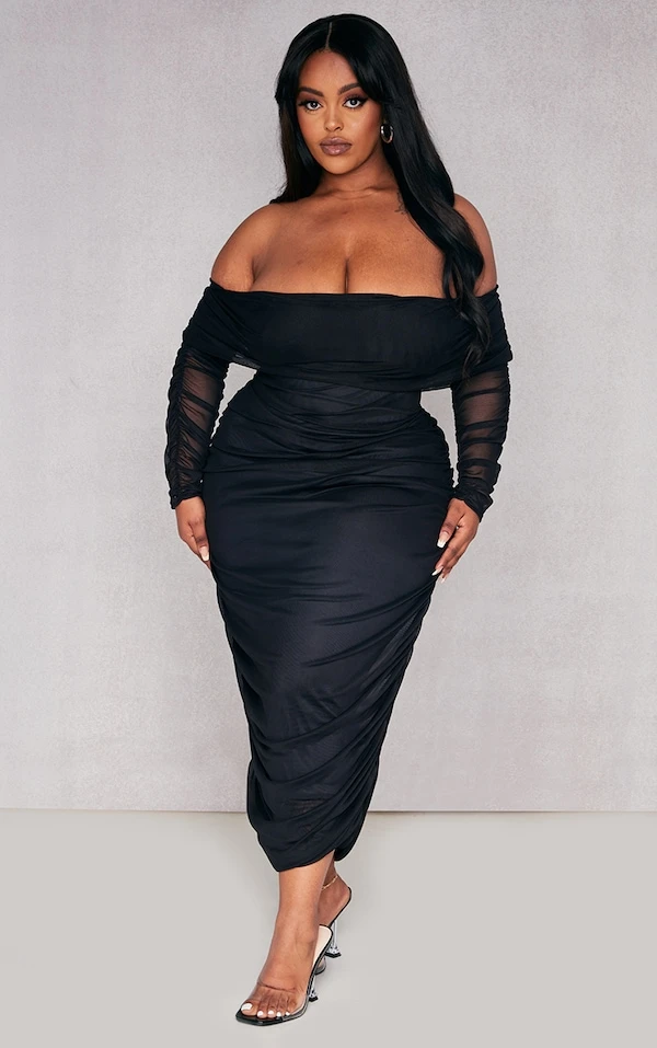 Plus Robe Mi-longue En Mesh Noir à Col Bardot Et Manches Longues 5 Plus Robe Mi-longue En Mesh Noir à Col Bardot Et Manches Longues – Image 3