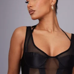 Robe Moulante Dos Nu Satinée Noire à Armatures Et Parties En Mesh -Jolie Vêtue Soldes Magasin 783b5099d8b23ac1f4364f2f91e83d96fe8d2f2a cnd0371 4