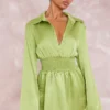 Robe Chemise Satinée Vert Olive à Taille Froncée