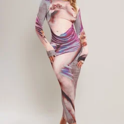 Robe Longue Multicolore à Imprimé Corps Abstrait Et Manches Longues