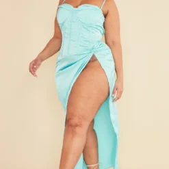 Plus Robe Mi-longue Satinée Turquoise Drapée Sur Le Buste -Jolie Vêtue Soldes Magasin 78a8e9847229ea09abae4a03fef0f8e78d8d2a2c cnc9566 3