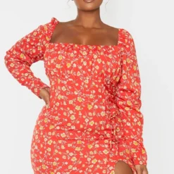 Plus Robe Rouge Moulante Fendue à Imprimé Petites Fleurs Et Lien à Nouer -Jolie Vêtue Soldes Magasin 78d1aadfe21224e13136b729133327e5b325c472 cmg8973 1