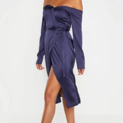 Robe Portefeuille Mi-longue Satinée Bleu Marine à Col Bardot Replié -Jolie Vêtue Soldes Magasin 79df97838639ff4504a8d3a9f792fdc263cdc57a clz7367 4