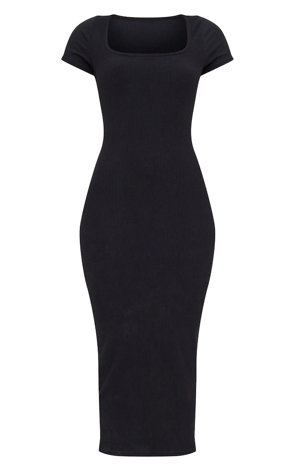 Robe Mi-longue Côtelée Brossée Noire à Col Carré 7 Robe Mi-longue Côtelée Brossée Noire à Col Carré – Image 5