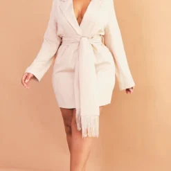 Plus Robe Portefeuille Gris Pierre à Ceinture Frangée