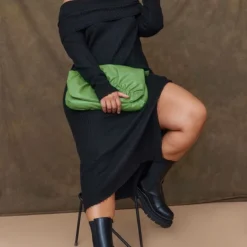 Plus Robe Mi-longue Oversize En Maille Tricot épaisse Noire à Col Bardot