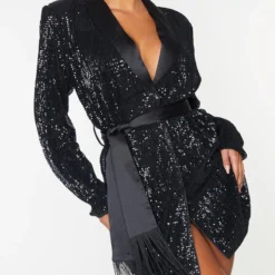 Robe Blazer Noire à Sequins Et Franges Détail Noué -Jolie Vêtue Soldes Magasin 7d07465fc009b2a07146609b7ae6e630f328096f cmv0287 5