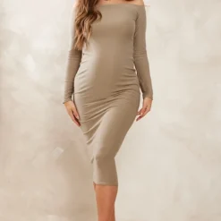 Maternité Robe De Grossesse Mi-longue Douce Taupe à épaules Dénudées