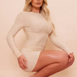 Robe Moulante Texturée Sable Clair à Manches Longues Et Col Ras -Jolie Vêtue Soldes Magasin 7d5539e800c9ccef213fa7133ca32ad8931fc87e cnd4274 4