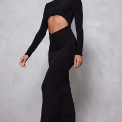 Robe Longue Moulante Découpée Noire à Taille Froncée Et Manches Longues -Jolie Vêtue Soldes Magasin 7e5d88e68174f7a2986753e61062051504490aee cnd0416 3