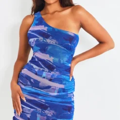 Robe Asymétrique Moulante En Mesh Froncé Bleu Imprimé Abstrait