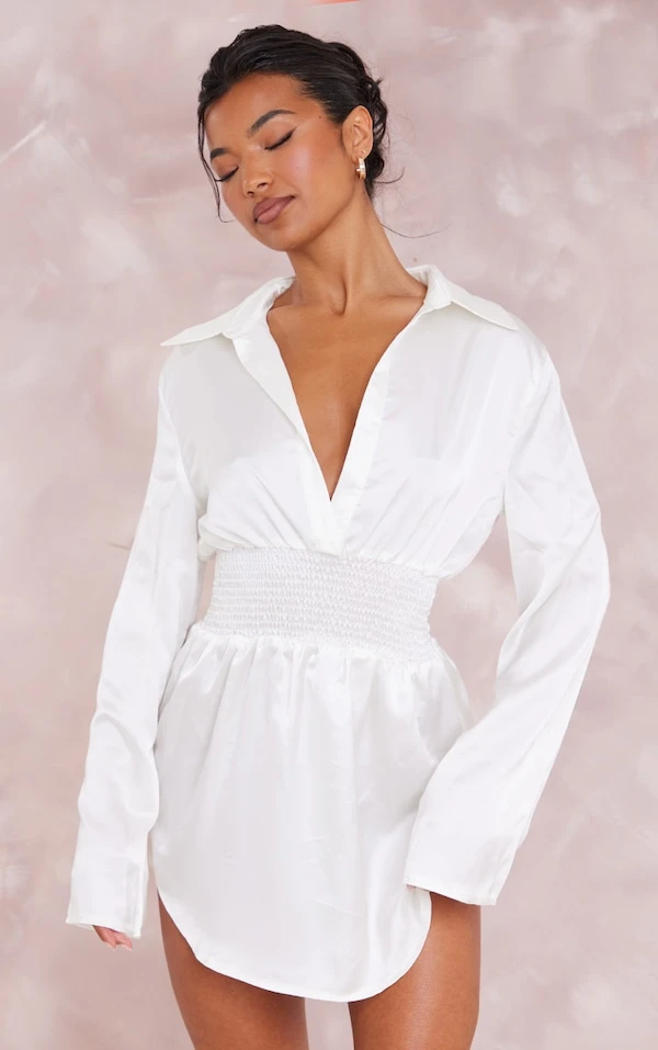 Robe Chemise Satinée Crème à Taille Froncée 3 Robe Chemise Satinée Crème à Taille Froncée