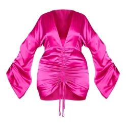 Plus Robe Décolletée Satinée Fuchsia Froncée Sur L'avant -Jolie Vêtue Soldes Magasin 7efc2c4aa336964463cb9271fe21bb97e15151bf cmo7807 6