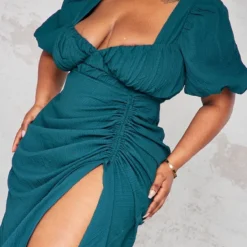 Plus Robe Mi-longue Fendue Vert émeraude à Côtés Froncés Et Manches Bouffantes -Jolie Vêtue Soldes Magasin 7fd705bd5dbbc4f7f5d3d9b4c13c1aaa3592d9bd cnb6991 4