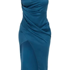 Robe Mi-longue Bleu Marine Satinée Plissée à épaule Unique -Jolie Vêtue Soldes Magasin 7ffa55a1b6ce833307c22d5a54180e6327cce351 cmt9188 6