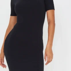 Robe Longue Côtelée Noire à Détail Col -Jolie Vêtue Soldes Magasin 80285e9873f3efdd1747e2fff93e80e0449541ff cmt3816 5