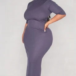 Plus Robe Mi-longue Côtelée Gris Anthracite à Col Montant Et Demi-manches -Jolie Vêtue Soldes Magasin 806fa271b2378cfb4bbdf82a0238c74613e8d477 cnd3030 3