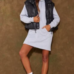 Robe Pull En Sweat à Capuche Gris Chiné à Poches