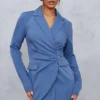 Robe Blazer Bleu Acier En Maille Tissée à Poches Et Taille Froncée -Jolie Vêtue Soldes Magasin 8133ef299029b42cadf1898560a332aaa94a3bb5 cnc2989 1