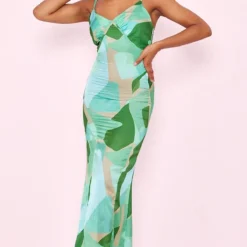 Robe Longue Imprimée Abstrait Vert à Bretelles Et Détail Buste