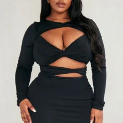 Plus Robe Moulante à Manches Longues Noire Découpée -Jolie Vêtue Soldes Magasin 81d2d487f3713d5f6551b4928ce86f1619edfadb cnd4986 3