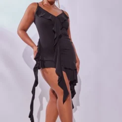 Plus Robe Mi-longue Moulante Noire à Volants