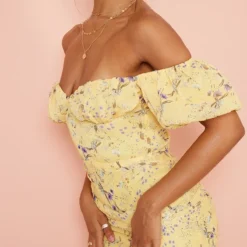 Robe Moulante Froncée En Mousseline De Soie Jaune Fleurie à Col Bardot Et Manches Bouffantes -Jolie Vêtue Soldes Magasin 82aee61e5faeb8cf0310a383871602eb733f4686 cmy8573 5